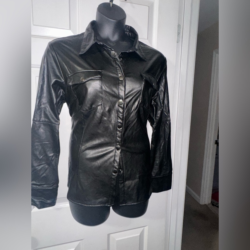 Black Faux Leather Button-Front Top